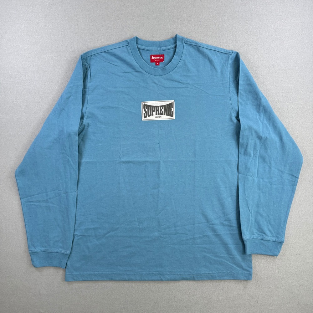 Supreme T-Shirt Men Medium Blue Long Sleeve Crewneck Box Logo Woven Label BOGO